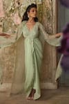 Shop_Piri India_Green Satin, Organza V-, Round Sage Embroidered Drape Dress Set _Online_at_Aza_Fashions