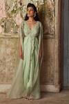 Piri India_Green Satin, Organza V-, Round Sage Embroidered Drape Dress Set _at_Aza_Fashions