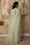 Shop_Piri India_Green Satin, Organza V-, Round Sage Embroidered Drape Dress Set _at_Aza_Fashions