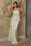 Piri India_Gray Silk, Satin, Organza Embroidery Bandeau Designer Cloud Grey Top And Skirt _at_Aza_Fashions