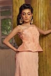 Piri India_Peach Tulle, Organza Beads Bandeau Neck Embroidered Blouse And Lehenga Set _at_Aza_Fashions