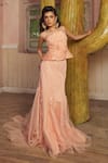 Buy_Piri India_Peach Tulle, Organza Beads Bandeau Neck Embroidered Blouse And Lehenga Set _at_Aza_Fashions
