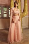 Piri India_Peach Chanderi, Tulle, Organza Embroidery Tender Bustier Pants And Cape Set _at_Aza_Fashions