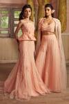 Buy_Piri India_Peach Chanderi, Tulle, Organza Embroidery Tender Bustier Pants And Cape Set 