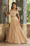 Piri India_Beige Net, Satin, Organza Embroidery Boat Neck 3d Lehenga Set _at_Aza_Fashions