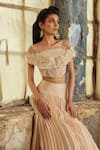 Buy_Piri India_Beige Net, Satin, Organza Embroidery Boat Neck 3d Lehenga Set 