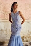 Buy_Piri India_Lavender Organza, Georgette Beads Round Neck Blue Embroidered Designer Gown _Online_at_Aza_Fashions