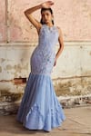 Shop_Piri India_Lavender Organza, Georgette Beads Round Neck Blue Embroidered Designer Gown _Online_at_Aza_Fashions