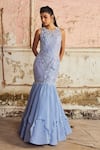 Piri India_Lavender Organza, Georgette Beads Round Neck Blue Embroidered Designer Gown _at_Aza_Fashions
