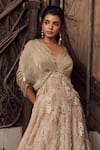 Shop_Piri India_Gold Organza Embroidery, Tassels V-neck Lehenga Set _Online_at_Aza_Fashions
