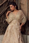 Piri India_Gold Organza Embroidery, Tassels V-neck Lehenga Set _at_Aza_Fashions