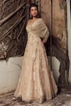 Buy_Piri India_Gold Organza Embroidery, Tassels V-neck Lehenga Set 