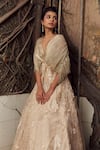 Shop_Piri India_Gold Organza Embroidery, Tassels V-neck Lehenga Set 