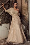 Piri India_Gold Organza Embroidery, Tassels V-neck Lehenga Set _Online