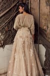 Piri India_Gold Organza Embroidery, Tassels V-neck Lehenga Set _Online_at_Aza_Fashions