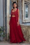 Piri India_Red Georgette, Organza, Chanderi Embroidery Round Neck, Open Deep Crimson Set _Online_at_Aza_Fashions