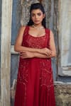Buy_Piri India_Red Georgette, Organza, Chanderi Embroidery Round Neck, Open Deep Crimson Set _Online_at_Aza_Fashions