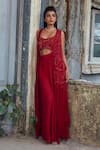 Piri India_Red Georgette, Organza, Chanderi Embroidery Round Neck, Open Deep Crimson Set _at_Aza_Fashions