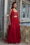 Buy_Piri India_Red Georgette, Organza, Chanderi Embroidery Round Neck, Open Deep Crimson Set 