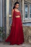 Shop_Piri India_Red Georgette, Organza, Chanderi Embroidery Round Neck, Open Deep Crimson Set 