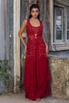 Buy_Piri India_Red Georgette, Organza, Chanderi Embroidery Round Neck, Open Deep Crimson Set _at_Aza_Fashions