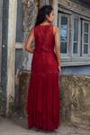 Shop_Piri India_Red Georgette, Organza, Chanderi Embroidery Round Neck, Open Deep Crimson Set _at_Aza_Fashions