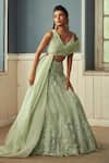 Piri India_Green Chanderi, Organza, Satin Embroidery, Applique Sage 3d Lehenga Set _at_Aza_Fashions