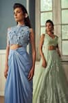 Buy_Piri India_Green Chanderi, Organza, Satin Embroidery, Applique Sage 3d Lehenga Set 