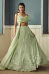 Buy_Piri India_Green Chanderi, Organza, Satin Embroidery, Applique Sage 3d Lehenga Set _at_Aza_Fashions