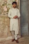 Buy_Piri India_Gray Cotton Embroidery Cloud Grey Handcrafted Kurta And Pant Set _at_Aza_Fashions