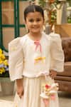 Fayon Kids_Off White Cotton Fabric Flowers, Pom-poms Designer Lehenga And Blouse Set _Online_at_Aza_Fashions