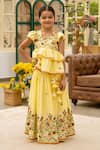 Buy_Fayon Kids_Yellow Cotton Embroidery, Fabric Flowers Floral Print Kurta Lehenga Set _at_Aza_Fashions