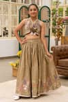 Buy_Fayon Kids_Brown Cotton Tassels, Embroidery, Ruffles Lehenga And Blouse Set _at_Aza_Fashions