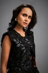 Deepika Arora_Black Taffeta Applique Round Neck Floral Jacket Ensemble _at_Aza_Fashions