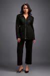 Buy_Deepika Arora_Black Ponte Roma Cut Work High Neck Geometric Cutout Jacket _at_Aza_Fashions