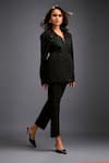 Deepika Arora_Black Ponte Roma Cut Work High Neck Geometric Cutout Jacket _at_Aza_Fashions