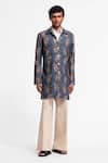 Balance By Rohit Bal_Blue Linen Embroidery Floral Printed Designer Jacket _Online_at_Aza_Fashions