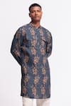 Buy_Balance By Rohit Bal_Blue Linen Designer Floral Print Kurta _at_Aza_Fashions
