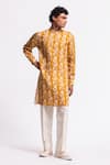 Shop_Balance By Rohit Bal_Yellow Linen Designer Floral Print Kurta _at_Aza_Fashions