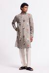 Shop_Balance By Rohit Bal_Gray Linen Floral Striped Designer Kurta _at_Aza_Fashions