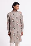 Buy_Balance By Rohit Bal_Gray Linen Floral Striped Designer Kurta _at_Aza_Fashions