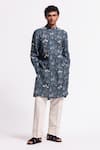 Shop_Balance By Rohit Bal_Blue Linen Designer Floral Print Kurta _at_Aza_Fashions
