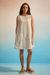 Shop_Ahmev_Ivory Chanderi Cotton Embroidery Round Neck Hiroko Pleated Dress _at_Aza_Fashions