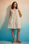 Buy_Ahmev_Ivory Chanderi Cotton Embroidery Round Neck Hiroko Pleated Dress _at_Aza_Fashions