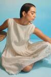 Ahmev_Ivory Chanderi Cotton Embroidery Round Neck Miyabi Ruching Dress _Online_at_Aza_Fashions