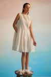 Buy_Ahmev_Ivory Chanderi Cotton Embroidery Round Neck Miyabi Ruching Dress _Online_at_Aza_Fashions