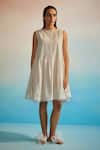 Shop_Ahmev_Ivory Chanderi Cotton Embroidery Round Neck Miyabi Ruching Dress _at_Aza_Fashions