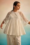 Buy_Ahmev_Ivory Chanderi, Organza, Cotton Embroidery Round Neck Ami Jaal Raglan Top _at_Aza_Fashions