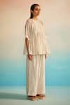 Ahmev_Ivory Chanderi, Organza, Cotton Embroidery Round Neck Ami Jaal Raglan Top _at_Aza_Fashions