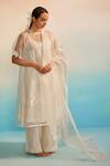 Shop_Ahmev_Ivory Organza, Chanderi Embroidery Kessho Appliqué Dupatta _at_Aza_Fashions